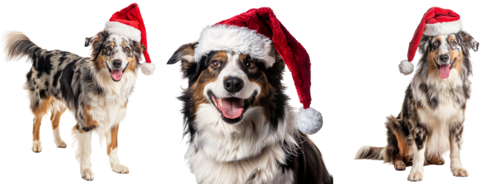 Bundle of Australian Shepherd Dogs in Santa Hats Capturing the Festive Spirit, Perfect for Holiday Advertising and Pet Calendars, Isolated on Transparent Background