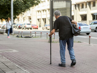 An elderly man walks down the street