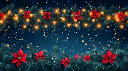 A festive scene with vibrant red poinsettias and glowing lights on a snowy night, perfect for holiday celebrations and decorations.