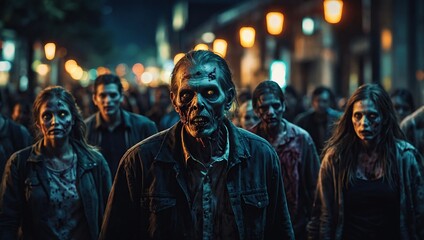 Obraz premium Zombie crowd walking at night, halloween concept,illustration painting