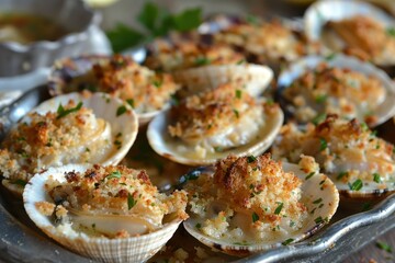 A serving of baked stuffed clams, topped with a crispy breadcrumb mixture and garnished with parsley.