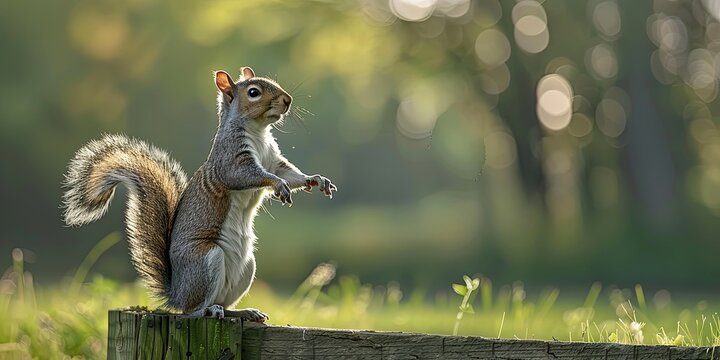 A grey squirrel sits on a fence post with a blurred background.