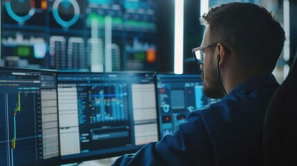 Experienced analyst processing large datasets, hightech screens, deriving critical insights, copy space for text