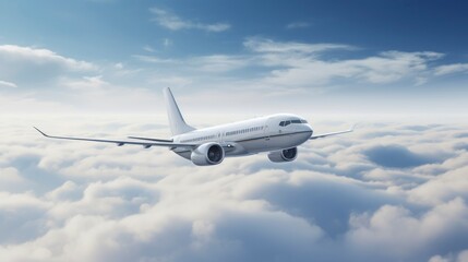 Obraz premium Commercial airplane flying above clouds in the blue sky.