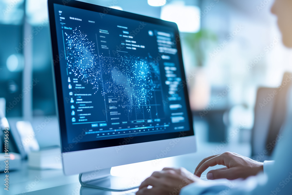 Poster conducting a thorough analysis of financial data using a modern computer while situated in a profess