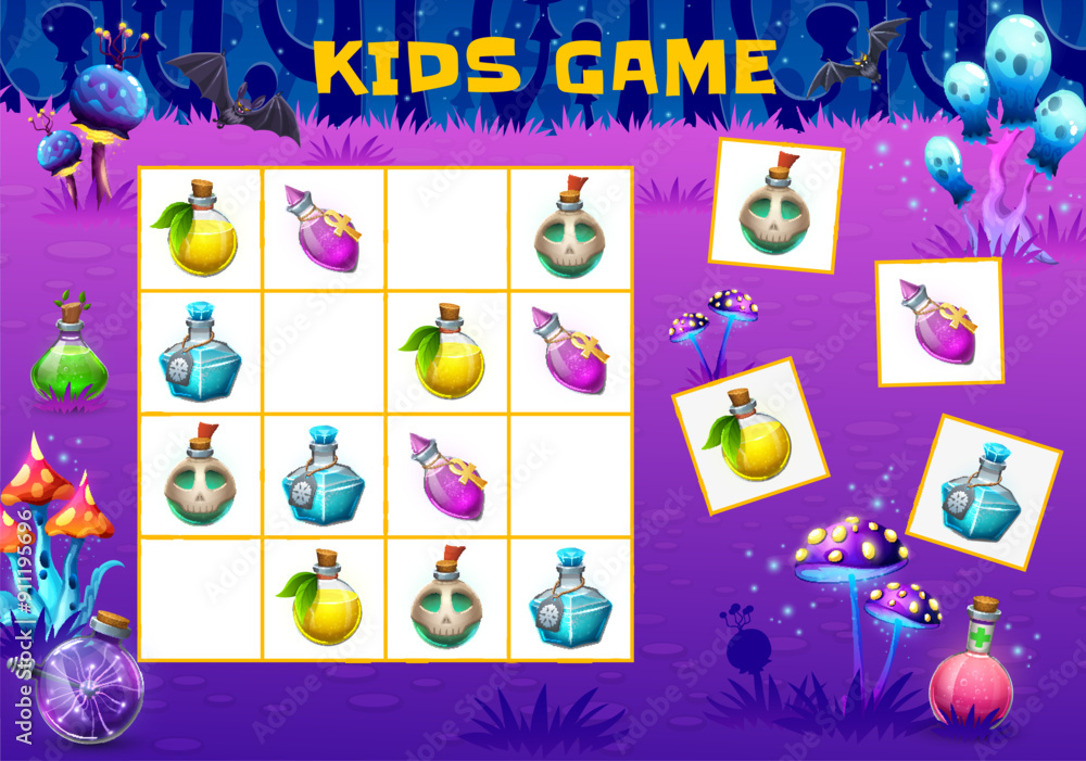 Aufkleber halloween kids sudoku game with magic potion bottles, vector puzzle quiz worksheet. cartoon witch po