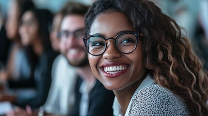 A diverse group of businesspeople are smiling and engaging during a meeting, showcasing a positive and collaborative atmosphere at a professional event.