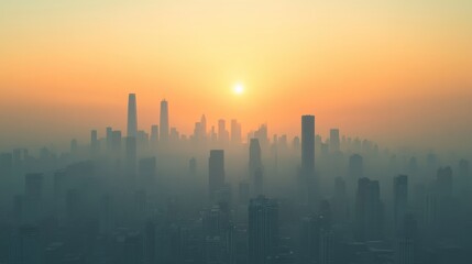 Hazy City Skyline at Sunrise with Golden Sky