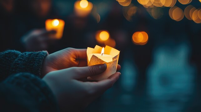 Person holding lit candle in hands during nighttime vigil with soft bokeh lights in background. Concepts of remembrance, peace, unity, and solemn occasions.
