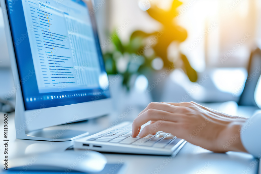 Poster conducting a thorough analysis of financial data using a modern computer while situated in a profess