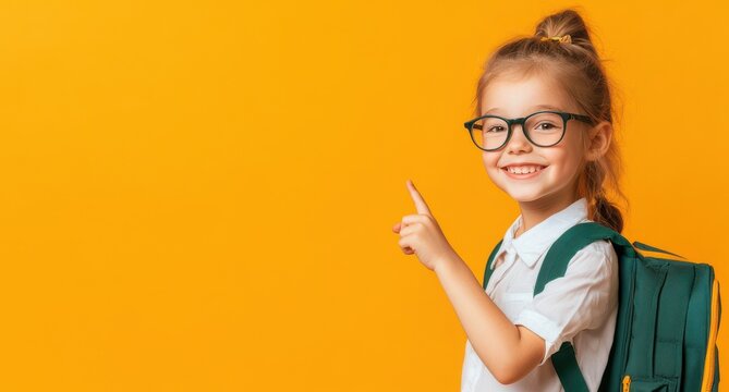 Cheerful young schoolgirl with glasses and a backpack pointing upwards on yellow background with copy space.