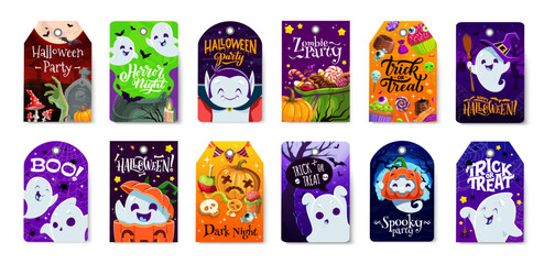 Halloween holiday gift tags. October horror holiday, fall season sale festive tags or Happy Halloween celebration vector labels or stickers with ghosts kawaii characters, candies treats and pumpkins