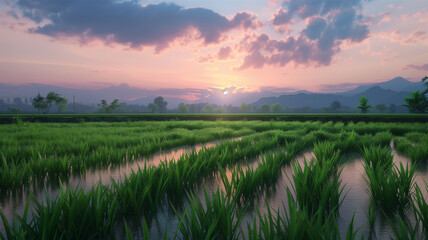 夕暮れの穏やかな日本の田んぼ