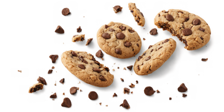 Group chocolate chip cookies scattered white background There Chocolate chip cookie floating