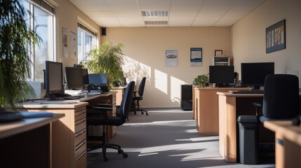 The office features several desks with computers, surrounded by plants and natural light, creating a professional and inviting work environment.