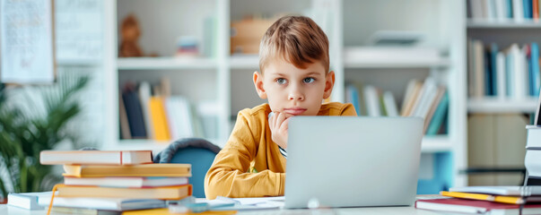 Happy child doing homework at home at the table with piles books around. Back to school concept.