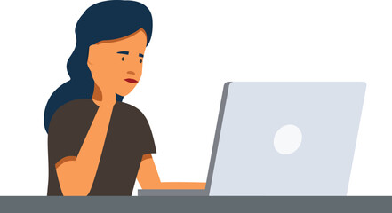 Young professional is thinking while working on her laptop at her desk