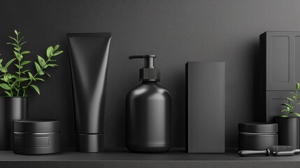 Black bottle and box packaging, elegant, luxurious, grand, minimalist design. Blank labeled. Product design concept. Branding. Commercial design.