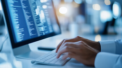A focused programmer is diligently working on writing code while using a modern computer set up in a bright and airy workspace