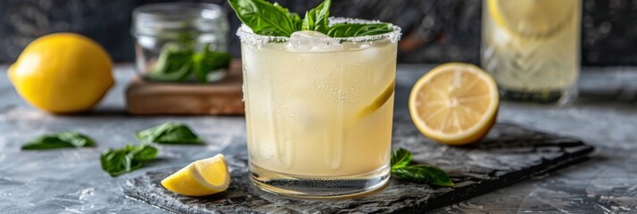Refreshing lemonade in a glass garnished with mint leaves and lemon slice, surrounded by lemon, mint, and ice on a rustic table.