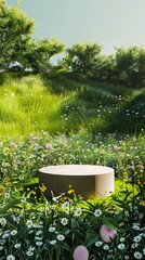Lush Meadow with Stone Platform and Wildflowers in Bloom. AI generated illustration