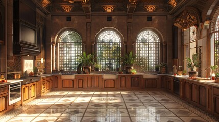 Fototapeta premium Luxurious Kitchen with Arched Windows