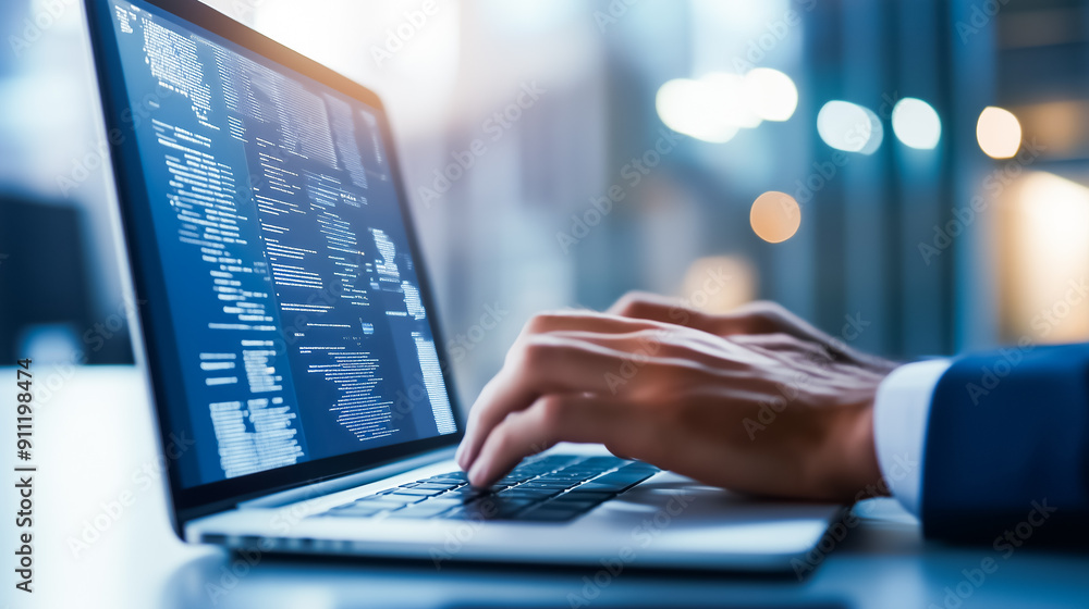 Poster conducting a thorough analysis of financial data using a modern computer while situated in a profess