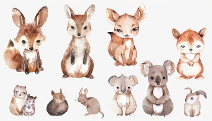 Whimsical Collection of Cute Forest Animals in Soft Watercolor Style