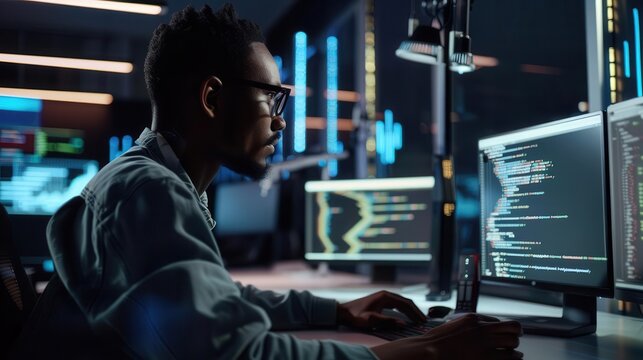 Senior developer crafting breakthrough code, surrounded by hightech tools, futuristic and innovative workspace, copy space for text