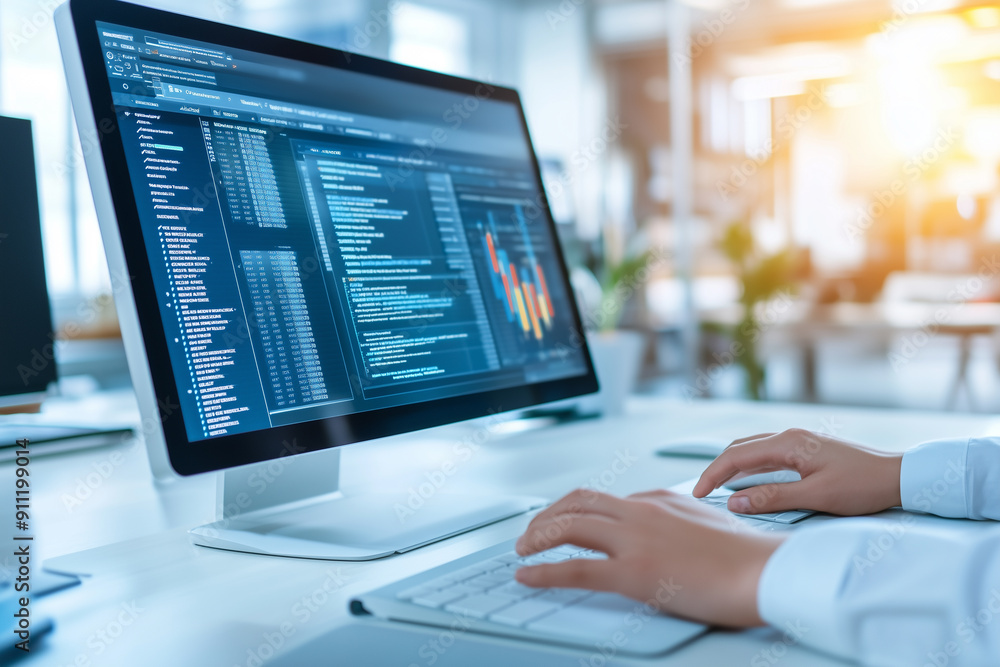 Poster conducting a thorough analysis of financial data using a modern computer while situated in a profess