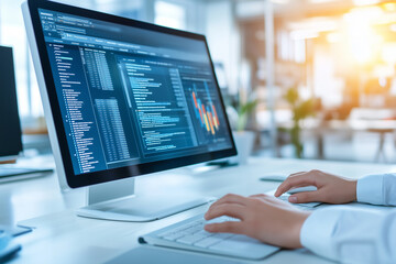 Conducting a thorough analysis of financial data using a modern computer while situated in a professional workspace environment