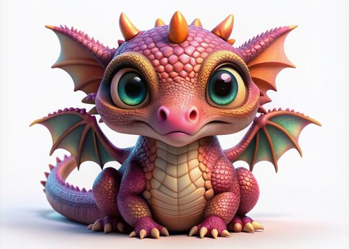 Adorable 3D dragon illustration with vibrant scales, rosy cheeks, and big eyes, created using advanced AI technology, isolated on a white background with subtle shadows.