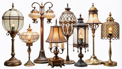 Vintage lamp assortment featuring ornate metal fixtures, delicate glass shades, and intricate designs on a transparent isolated background, perfect for nostalgic themed designs.