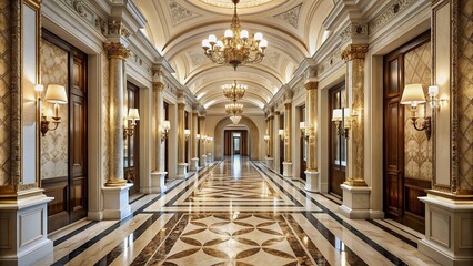 Elegant corridor in luxurious setting boasts intricate molding, polished marble floor, and refined architectural details, radiating timeless sophistication and opulence.