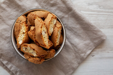 Homemade Almond Cantuccini Pastry in a Bowl, top view. Copy space.