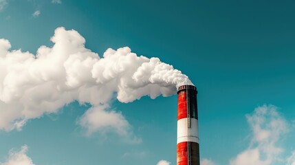 Factory chimney emits white smoke against blue sky