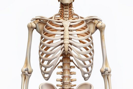 Anatomical illustration of a human rib cage skeleton isolated on a white background, showcasing detailed ribs and sternum bones in a simplified yet realistic style.
