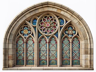 Obraz premium Intricate Gothic window with arched stone framework and stained glass detailing, beautifully isolated on a clean white background, emphasizing its architectural elegance.