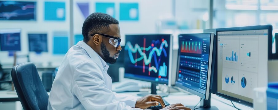 Veteran data analyst extracting insights from big data, hightech lab, focused analysis, copy space for text