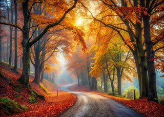 Fototapeta premium Serene autumnal landscape featuring a winding road adorned with vibrant fallen leaves, surrounded by majestic trees boasting kaleidoscopic colors under a mystical misty veil.