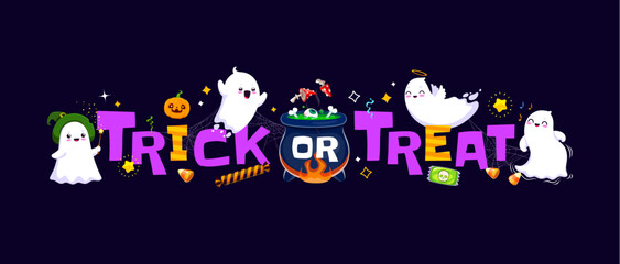 Trick or treat Halloween banner with kawaii ghosts and holiday sweets. Vector typography with cute, delightfully spooky baby spooks with cauldron, festive witch hat and charmingly eerie festive decor