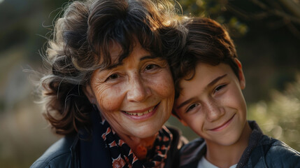 Naklejka premium Heartwarming Portrait of Grandmother and Grandson Embracing in Natural Outdoor Setting - Perfect for Family-Themed Projects. Generative ai