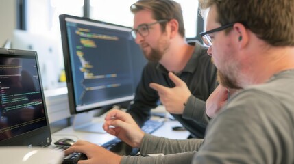 Veteran programmer mentoring young developers, advanced software development, collaborative workspace, copy space for text