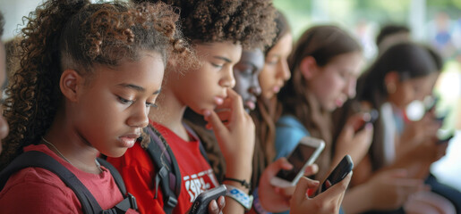 Fototapeta premium Diverse Group of Multiracial Teenagers Students Engaging with Smartphones in Social Setting, Technology in Education Concept. Generative ai