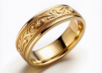 Golden wedding ring with intricate engravings and subtle shine stands solo on a pristine white background, radiating elegance, commitment, and timeless love.