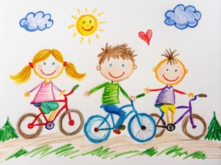 Colorful stick figures on bicycles created by a child's imagination adorn a pristine white sheet, showcasing creativity and innocence in a whimsical artistic expression.