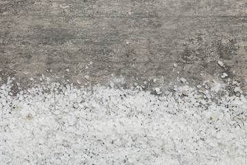 Background from white sea salt. Coarse rock salt texture witth copy space