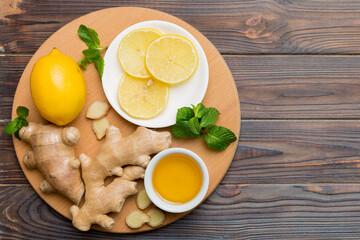 Natural cold and flu home remedies. Natural ingredients for immunity stimulation and viruses protection. top view flat lay