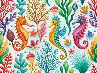 Obraz premium Vibrant hand-drawn tropical design featuring colorful seahorses, corals, and seaweed on a crisp white background, perfect for summer-themed graphics and designs.