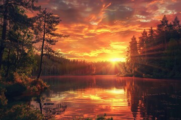 Fototapeta premium Vibrant sunset reflected on a calm lake surrounded by trees.
